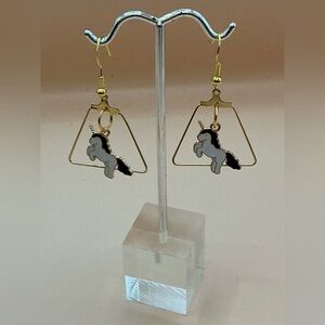 HANDMADE GOLDTONE BLACK WHITE JUMPING FLOATING UNICORN PIERCED EARRINGS